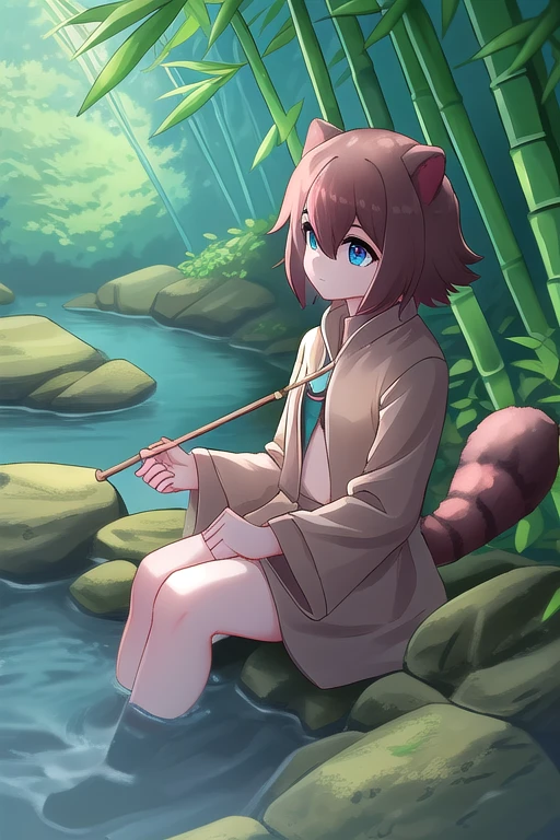 Rakkun fishing by the bank of a calm river.
action: Rakkun is sitting on a moss covered rock, holding a small makeshift fishing rod. His eyes are focused on the thread, waiting patiently for something to bite. From time to time, His tail wags slightly impatiently, but his posture is relaxed. A small basket with stones and twigs is next to her., as if hoping to catch more than just fish.
bottom: The river flows smoothly, with crystal clear water reflecting the clear sky and surrounding trees. in the distance, You can hear the songs of birds and the murmur of the stream. The banks are full of bamboo canes and wild flowers., creating a calm and serene scene, as if time stopped.