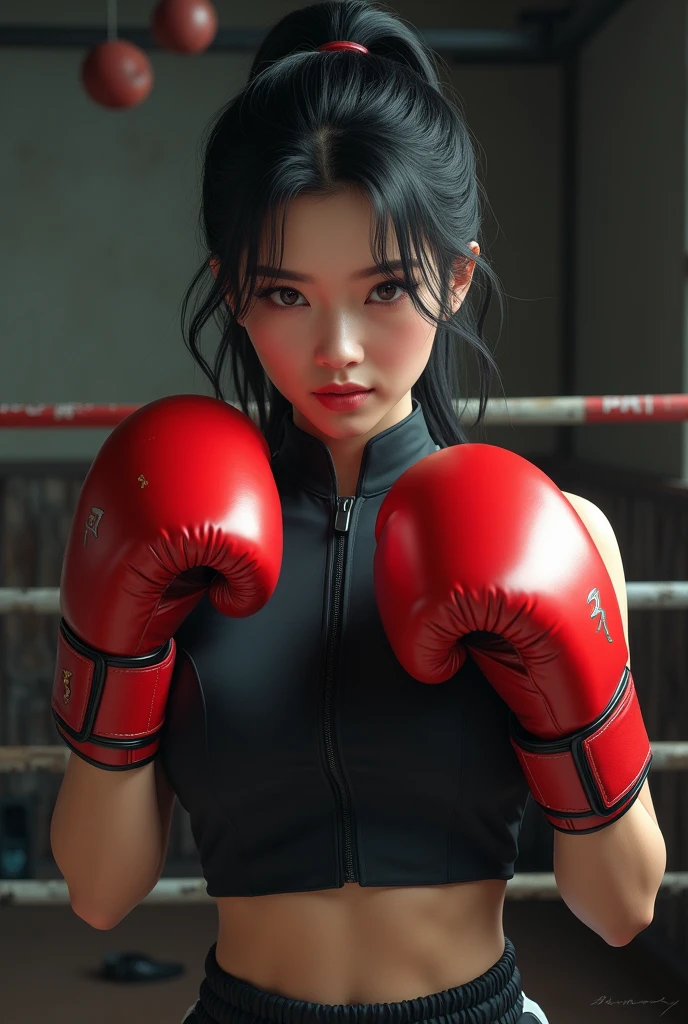 gym、21 years old、Boxing uniform、Black Hair、ponytail、Upper Body、relax、woman、Boxing gloves、Asian