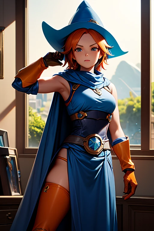 {{masterpiece, best quality, ultra detailed CG, cinematic lighting}} Character Fusion, Alena from Dragon Quest, Keyblade Master Aqua, orange hair, blue hat, brown gloves, blue sleeveless shirt, orange bands above and below shoulders, mecha girl, Keyblade in hand, waist length blue cape, stary night scenery through window wall, bedroom setting