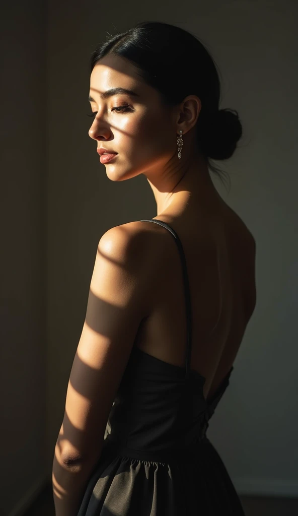 woman bathed in soft light, leaning against a wall, looking into the camera in a moment of raw emotion. Her attire is minimal, accentuating her beauty with the dramatic shadows cast by the lighting. The background is stark, with sharp contrasts highlighting the contours of her form. The red and black palette intensifies the mood, evoking a sense of mystery and allure. Subtle film grain and meticulous shading add depth and texture, emphasizing the emotional gravity of the scene. The lighting creates a chiaroscuro effect, accentuating her expressive pose and the intense atmosphere.