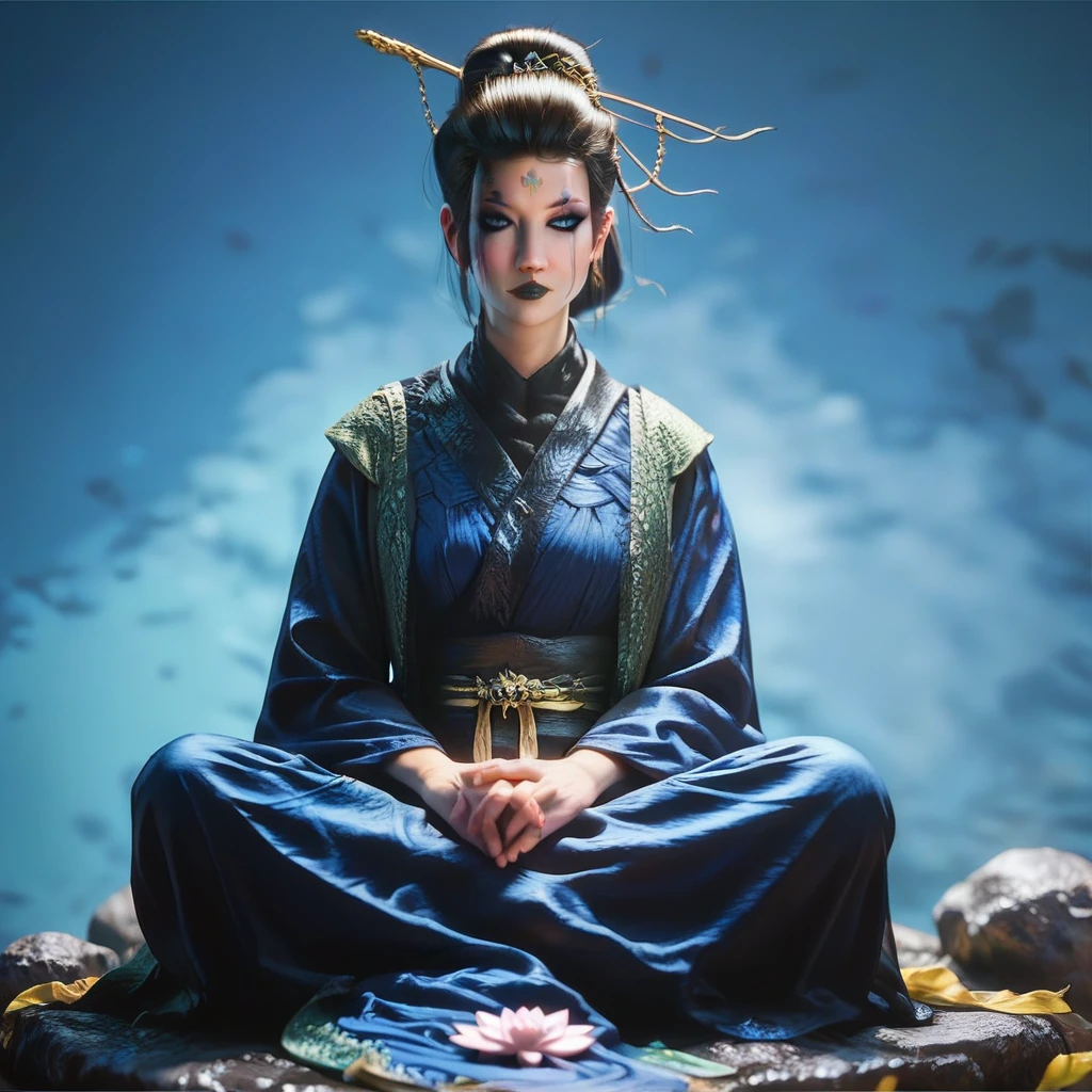 Si Mei, Black Myth, Black Myth Wukong, beautiful, anatomical correct，black hair, facial mark, single hair bun, hair bun, forehead mark, hair ornament, makeup, black lips, score_9, score_8_up, score_7_up, score_6_up,, long legs, 1girl,solo,(((blue background))),sitting on rock, lotus pose