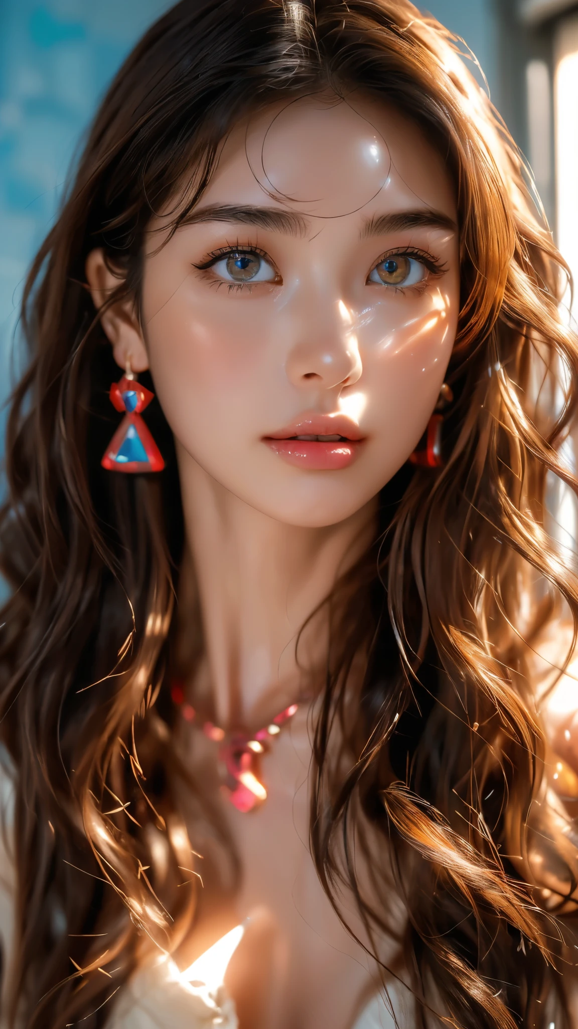 (UHigh resolution, retina, masterpiece, Accurate, Anatomically correct, Textured skin, Super Detail, Attention to detail, high quality, 最high quality, High resolution, 1080P, High resolution, 4K, 8k, 16k), (美しいAttention to detail目, Beautiful lip detail, Highly detailed eyes and face), Soft lighting, Physically Based Rendering, Vibrant colors,(((最high quality、masterpiece, 高精細CG8kイラスト, Highly detailed lights and shadows, Highly detailed face and eyes,masterpiece, 最high quality, Alone, One girl, Glowing Skin, Earrings, Splendid, Whimsical details, wall,Bright red lips, Fascinating,Shallow depth of field,Generate a futuristic woman wearing floating hologram jewelry, such as rings and necklaces. The jewelry appears to hover around her body, glowing with shifting colors, and reflecting light from her futuristic surroundings, Contrasting, Professional Model, frontを向く、front, Portraiture , Left detailed pupil,Right symmetrical pupil,Wavy Hair))), (Glowing Skin), (Wide-angle),(Alone), (Urzan-6500:0.33),(((whole bodyショット,whole body,Model pose)))