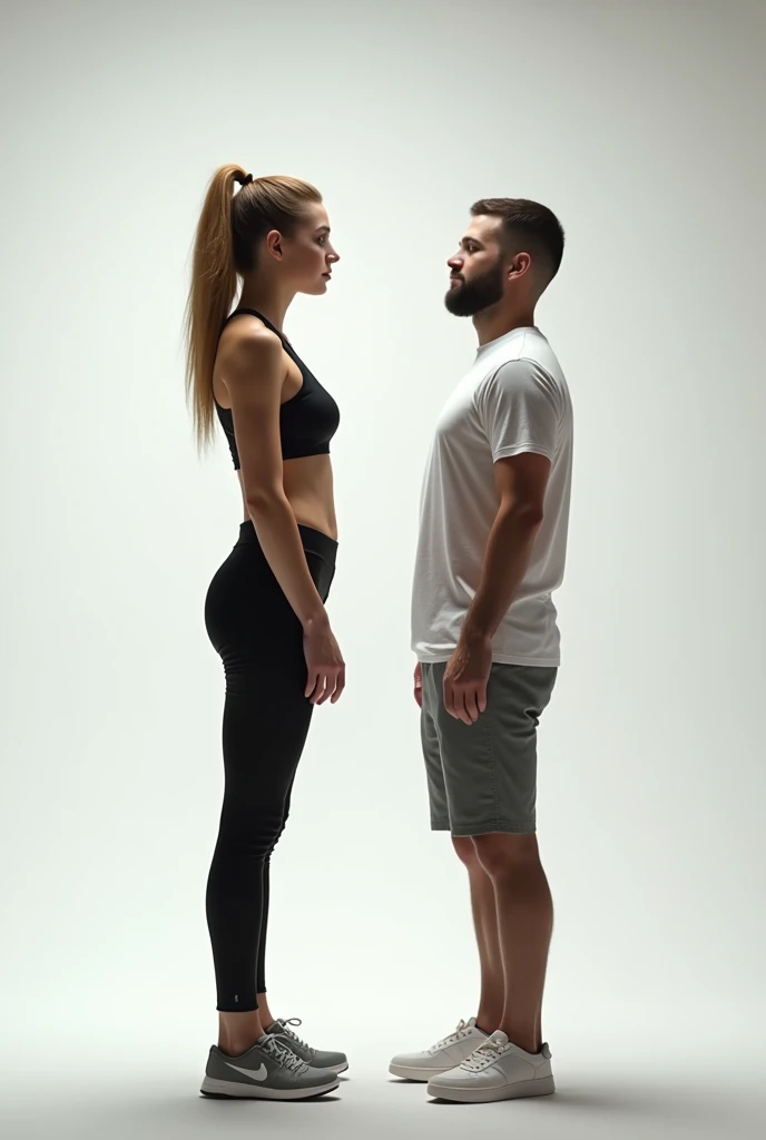 An athletic boy with blond hair of 1.80 tall 2 next to a woman.70 tall, white, 2 brown hair