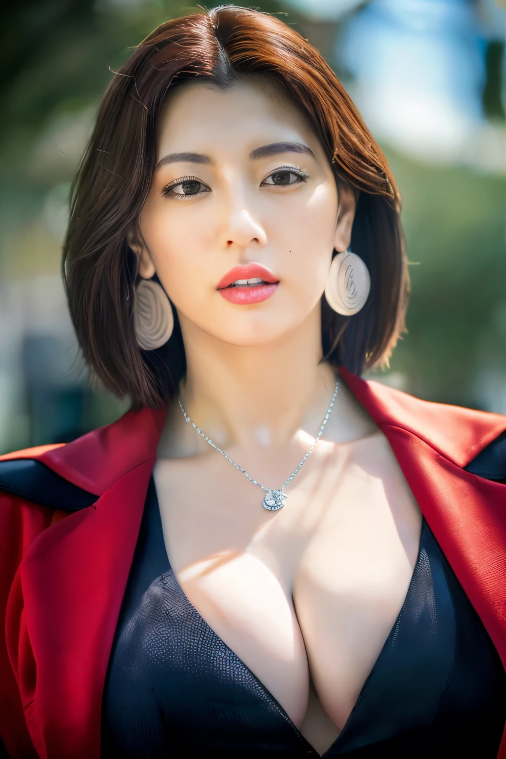  ((UHD)), textured skin, super detail, (high details), (high quality),Detailed depiction of eyes and face, real skin, solo, sexy, (SFW:0.8), realistic,(politician), Japanese beautiful woman, (cleavage), red jacket, black suit, parliament badge, silver necklace, earrings, (big breasts), mole