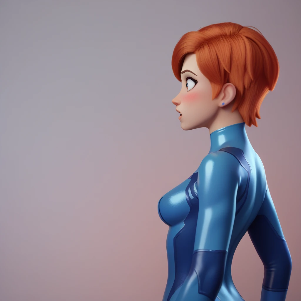 overwatch render, semi-realistic, solo, Gwendolyn_Tennyson, ginger hair, short hair, fluffy hair, blushing, fun shocked expression, playful, (zero suit), pointy breasts, perky breasts, medium breasts, posing, colorful background, studio lighting, full body shot from side,