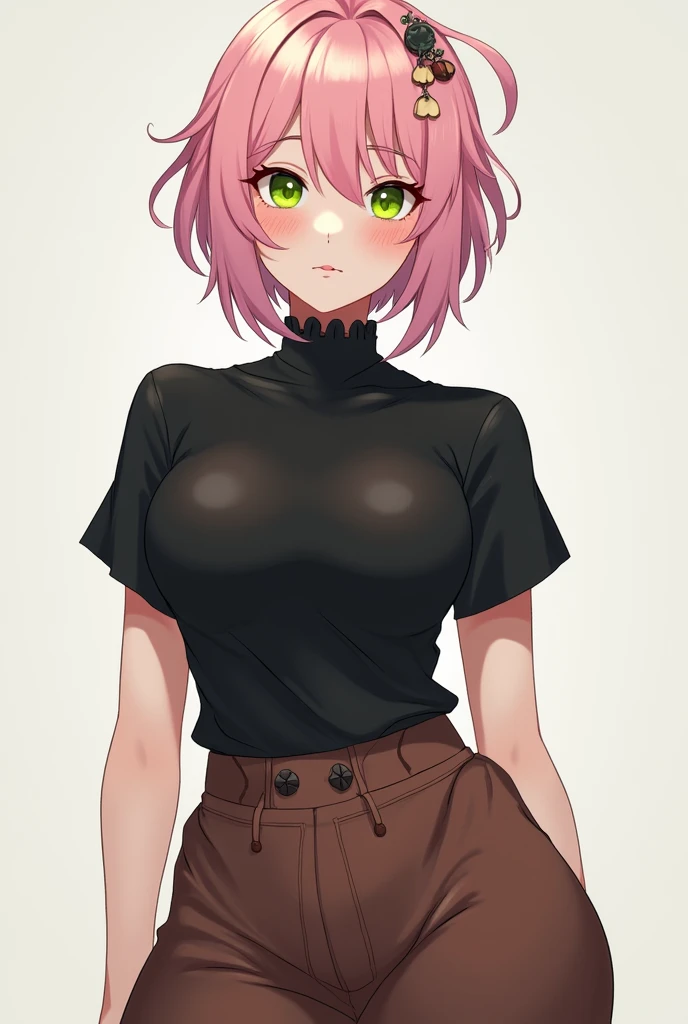 High resolution, Very detailed, perfect lighting, beautiful detailed eyes, ((masterpiece,Best Quality)), absurdities, alone, princess zelda, by the width, crown braid, Hair clip, pointy ears, pink shirt, long sleeves, Gloves without fingers, black gloves, Black pants, tight pants, smile, curves, nod, , deep neckline, deep neckline, bare breasts, bare breasts, NSFW, visible nipples, visible nipples , pink hair, pink hair, looking ahead, looking ahead, acercamiento, acercamiento
