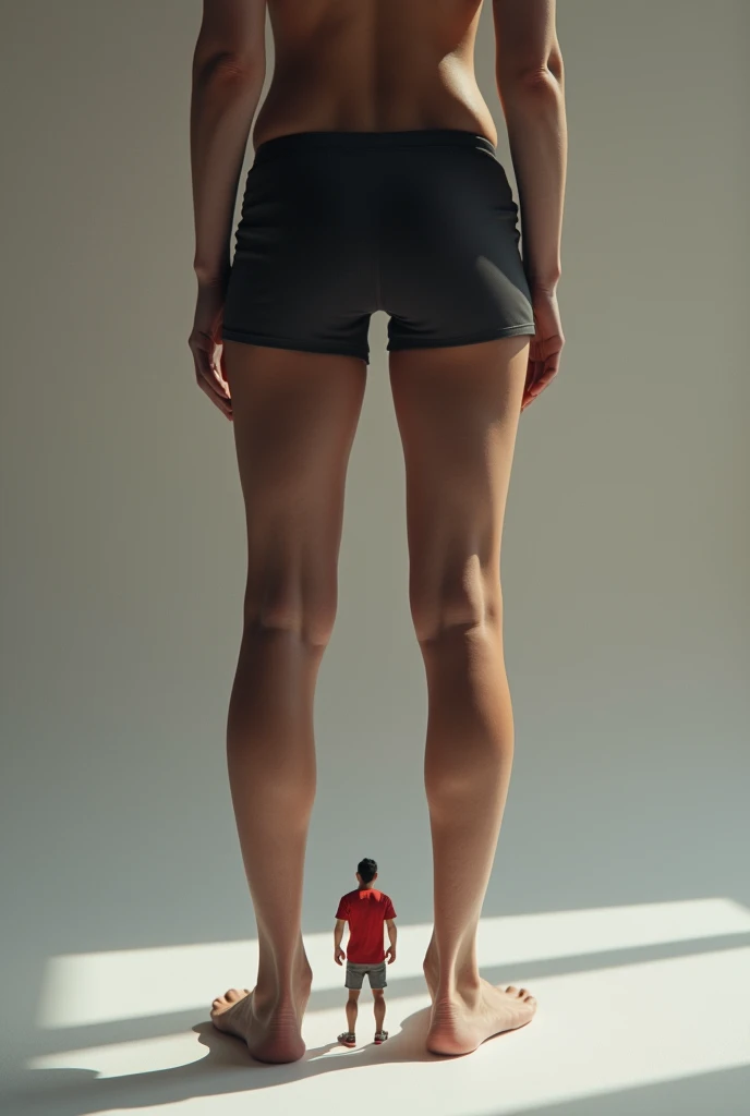 ((High definition, Masterpiece, 8k, Digital Photography, Digital Art)), ((Natural illumination)), contrast, white illumination, ((A tiny man walking under the legs of a giantess woman)), ((Giantess is wearing a revealing outfit)), ((Low angle perspective))