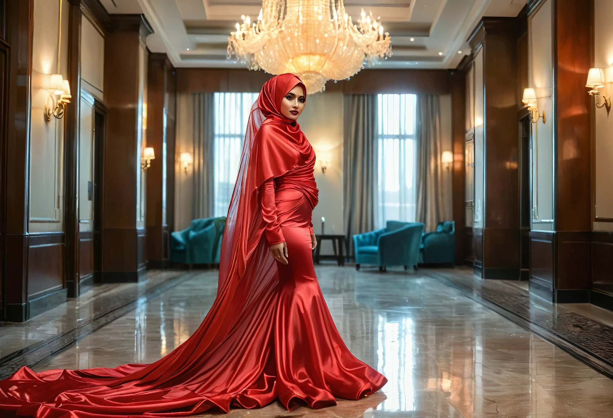 woman shrouded in a 10-meter-long, plush semi transparent red satin shimmer cloth, tightly bound and grandly draping along the form of her body, flowing off into a pooled floor-length train, styled in a mermaid-inspired outfit, her head modestly veiled in a satin hijab,walk in hotel loby, a full-body pose conveying a sense of mysterious elegance, captured in a 4k resolution, ultra-realistic, (best quality,4k,8k,highres,masterpiece:1.2),ultra-detailed,(realistic,photorealistic,photo-realistic:1.37),HDR,UHD,studio lighting,ultra-fine painting,sharp focus,physically-based rendering,extreme detail description,professional,vivid colors,bokeh,portraits,fantasy,cinematic lighting
