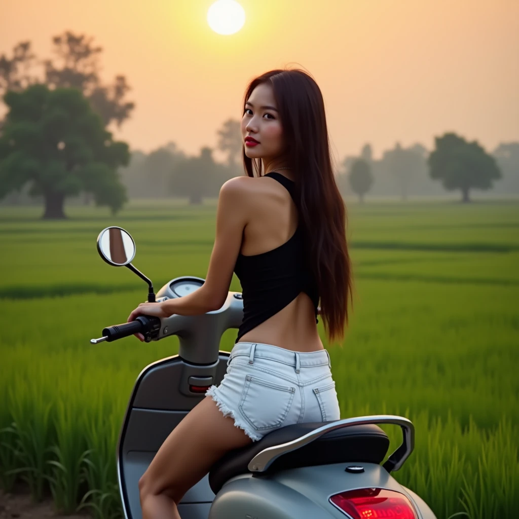 prompt cinematic photo cinematic film Bali, mengendarai vespa , sekeliling penuh penjor kiri dan kanan, full body photo wanita mengenakan pakaian kuning, casual, highly detailed,  cinemascope, moody, epic, film grain, grainy . 35mm photograph,  professional, 4k, highly detailed, Bali ,(breast),(nude)