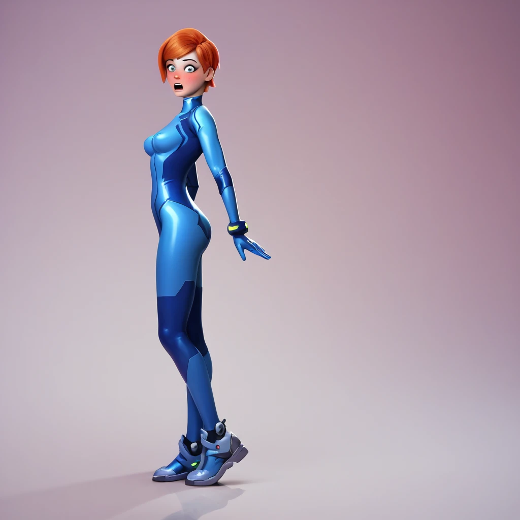 overwatch render, semi-realistic, solo, Gwendolyn_Tennyson, ginger hair, short hair, fluffy hair, blushing, fun shocked expression, playful, (zero suit), pointy breasts, perky breasts, medium breasts, posing, colorful background, studio lighting, full body shot, full body shot from side, looking at viewer