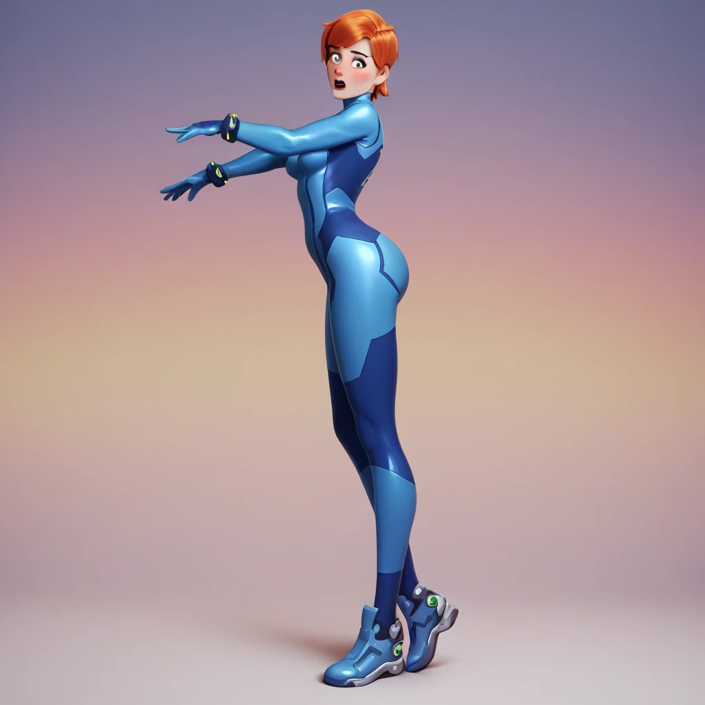 overwatch render, semi-realistic, solo, Gwendolyn_Tennyson, ginger hair, short hair, fluffy hair, blushing, fun shocked expression, playful, (zero suit), pointy breasts, perky breasts, medium breasts, posing, colorful background, studio lighting, full body shot, full body shot from side, looking at viewer