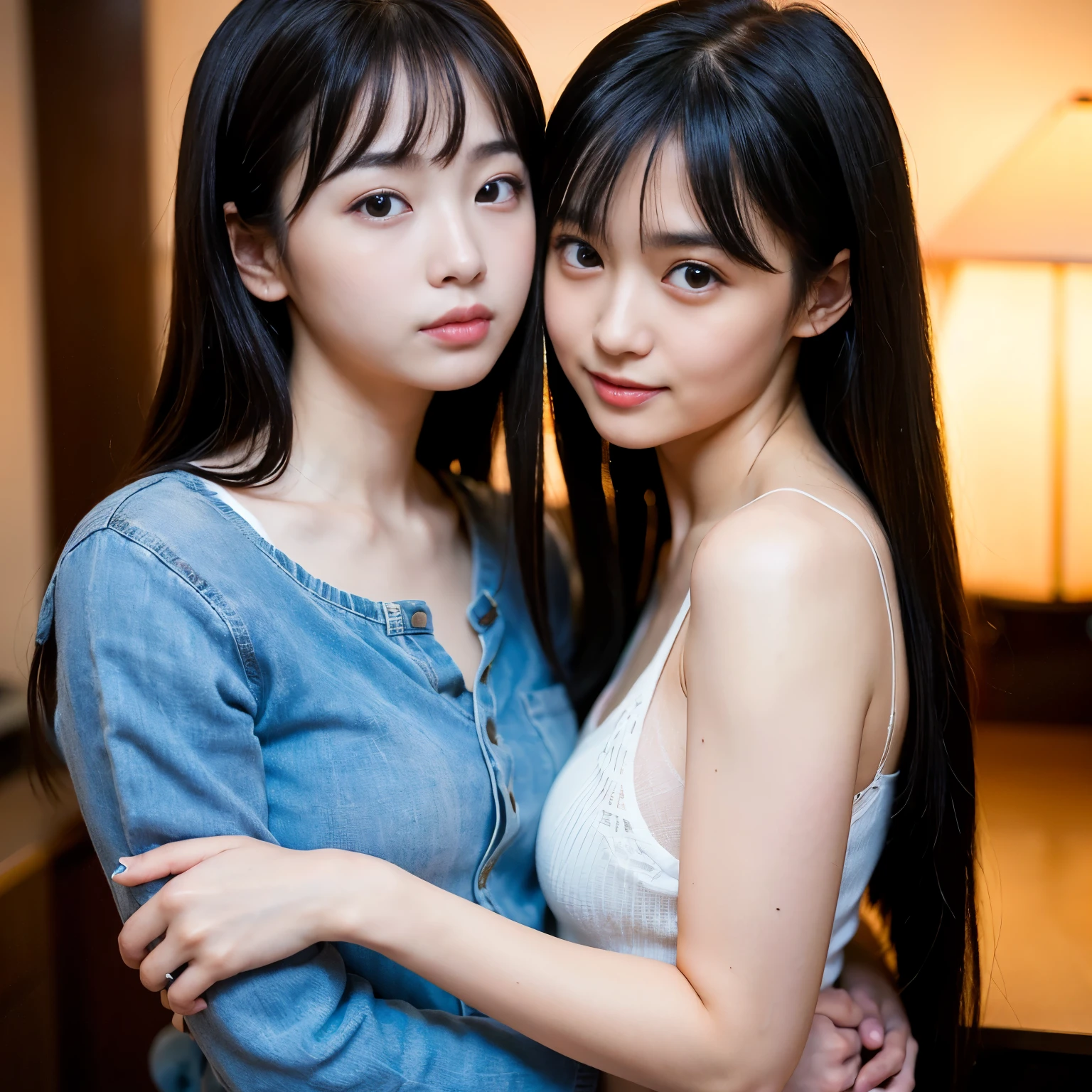 Realistic,Photorealistic,RAW photogr,2 women having fun,leering:1.2, Super big eyes:1.5,lecherous:1.2, Hentai:1.2, NSFW:1.2, Lesbian Yuri:1.2,Blushing,Big Tits, slim figure,Blue Sleeveless T-Shirt, White chiffon skirt, Bedroom, bangss,stright long hair, maior,realskin, Sleep habits,