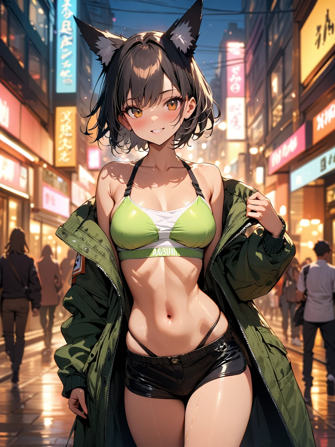 One lady,12year old,(()) ,(((blushed face))), (()), (((Grasp the edge of the duffel coat with your left hand and open it....)))((Place your right index finger vertically in the center of your mouth)),((The bikini))(),Wet with sweat,(Woman with dark hair)(),((In the street,Crowds))
