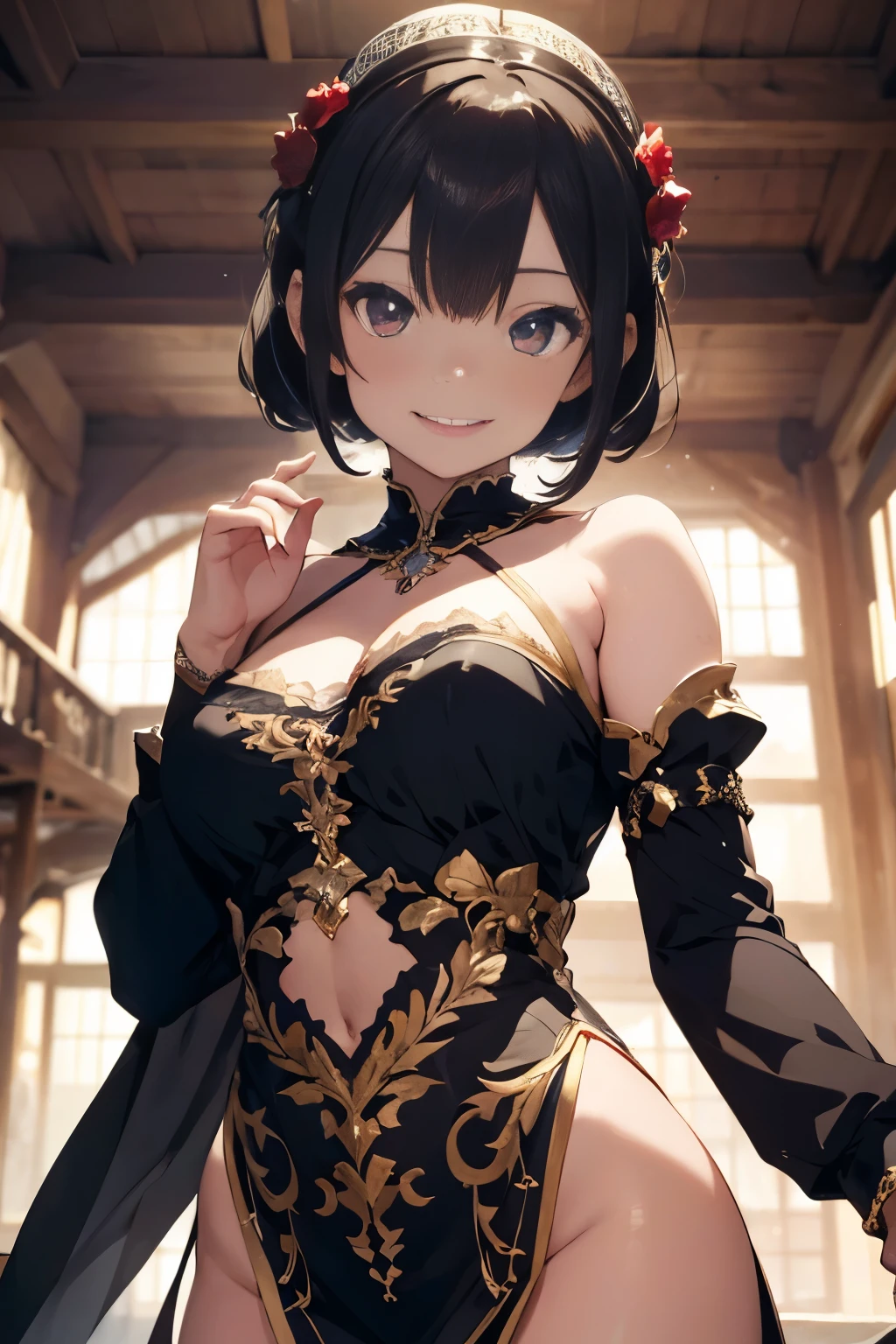 (Masterpiece:1.2), (illustration:1.2), (ultra-detailed), (delicate detailed), (cinematic light), 1girl, slender body, big breasts, princess, exotic clothes, smile, shy, makeup, high contrast, best illumination, colorful