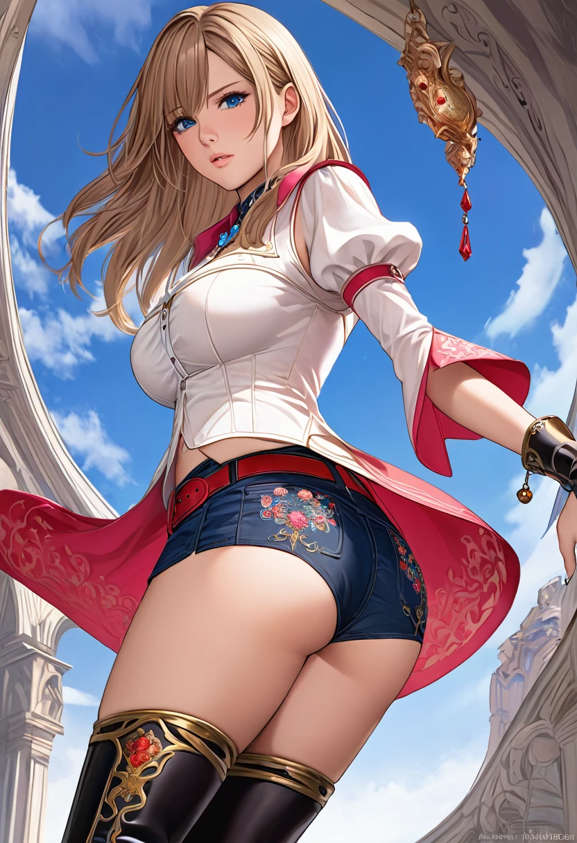 {{{nsfw:1.5}}},(Golden Ratio,Tabletop, Best Quality, Best Quality, beautifully、beautiful:1.2), Very detailed, {{looking back:1.5}},colorful,Best details, (adult,1,One Girl, Alone, Final Fantasy 12 Asheria, Straight Hair,Bobcut、One Length、Asheriaコスチューム, Big Breasts:1.3 , 20m 股上mini skirt, Spread your legs:1.4,{{{Skirt flip:1.5, Showing off embroidered micro pants:1.4,Camel Toe:1.25}}},Thigh-high boots,T-back panties with gorgeous red embroidery、With detailed embroidery, gem,A look of contempt,See the trash,Red cheeks:1.2,Trying to trample,From directly below:1.5,trembling,Asheria, Long Hair, Brown Hair, blue eyes, Detachable collar, brooch, White shirt, Clevis, abdomen, Removable sleeves, Bracers, Black Corset, Pink Skirt, mini skirt, Pink Skirt, Blue Belt, Thigh-high boots, Oda Non style, Look back over your shoulder:1.4,