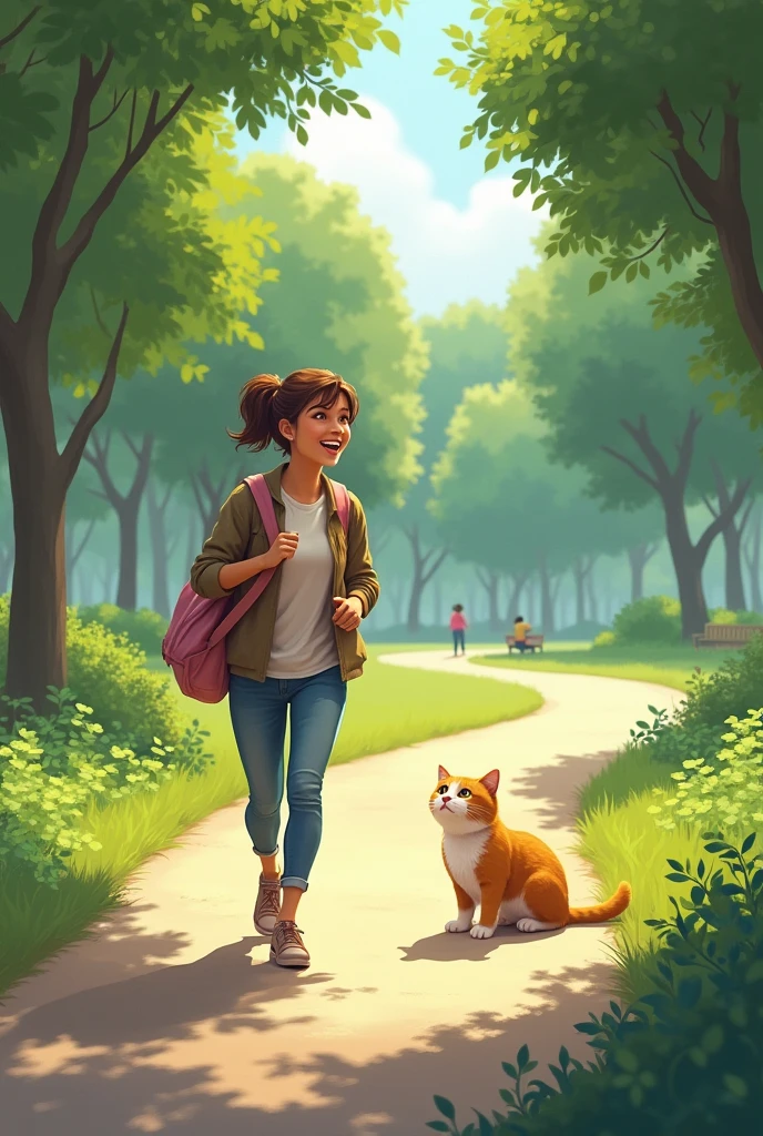 Now I want the same girl to hang out but now in the park she trips over a cat that is sitting on the floor with a cat