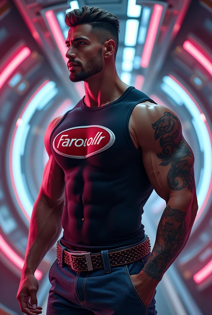 a lean hairy shirtless man, body covered in colourful splashes of lights, full body, moody, award winning concept art, 8K, natural lighting, illuminism