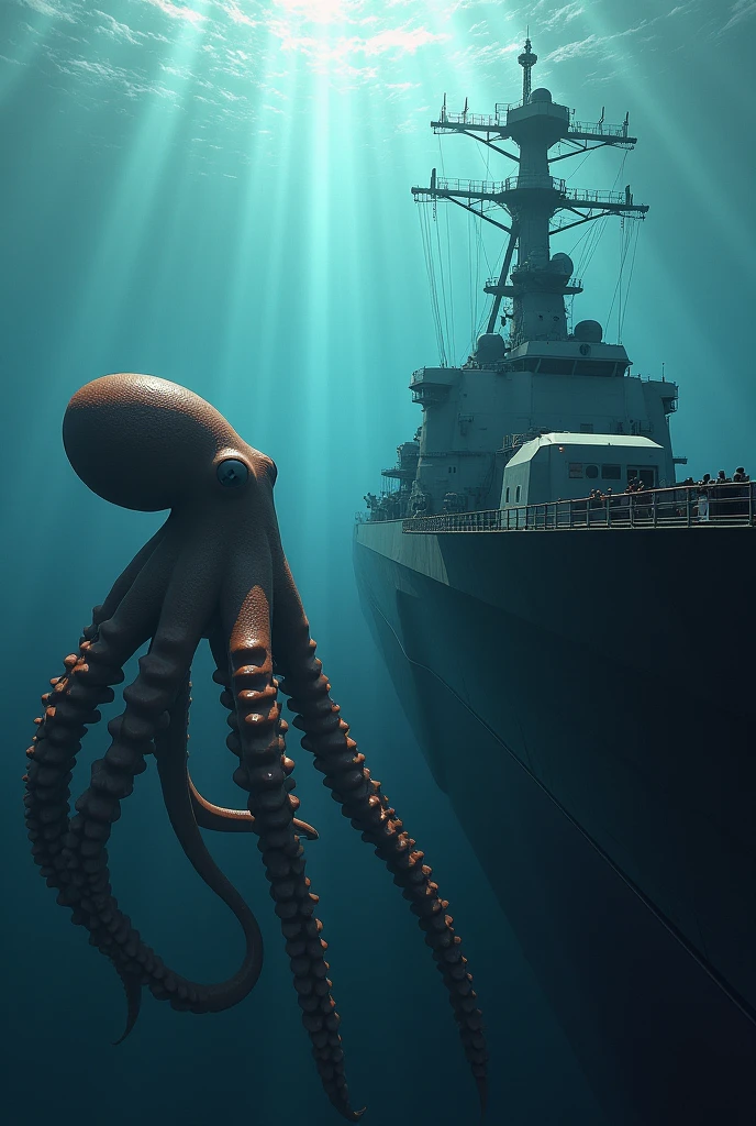 <lora:Bismarck_Battleship_SDXL:0.8> a giant octopus monster is trying to drag a bsmrck battleship down to the ground of the ocean with his tentacles.