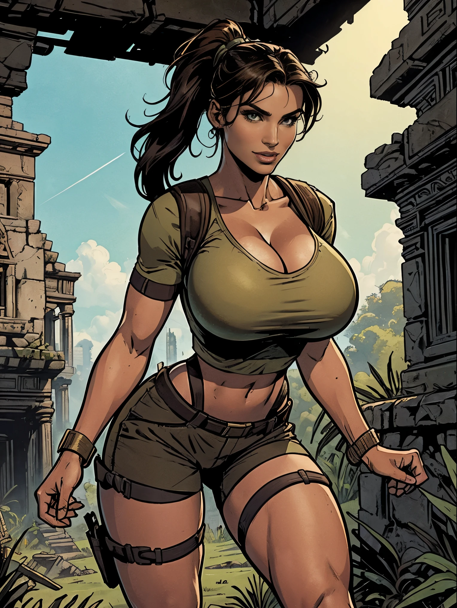 masterpiece, best quality, high detail, UHD, textured skin, cinematic, 1girl, mortal kombat ninja, brown skin, chubby, thick body, large waist, (hanging breasts: 1.3), impressive lighting, abstract background