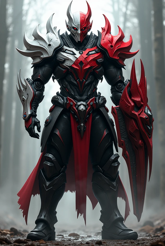 (masterpiece, top quality, best quality, official art, beautiful and aesthetic), 1boy, male, fully armored, masked, blood magic, draconic armor, red and black color scheme, glowing eyes, red demonic horns, demon god, demon king, red eyes, epic, demonic halo, (dynamic angle), abyssal, splash art, highest definition, dark background, gradient background