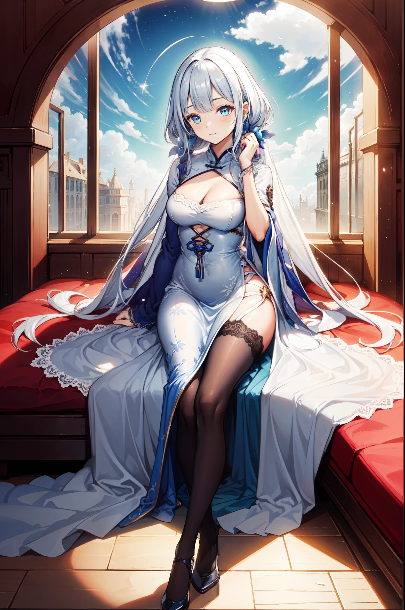 (best quality,4K,8K,high resolution,masterpiece:1.2),Extremely detailed,milf,,magic,enchanting,joy,Divine goddess,magical effect,Silver hair,Blue eyes,Transparent dress,Exquisite decoration,Features of the magical costumes of the heavens，A small amount of sky blue cloth,Exquisite clothing,Layered Skirt,detailed lace,Delicate ruffles,bedroom,Alone,at night,Lace pantyhose,Sacred stripes,Transparent clothing,Jewelry embellishments