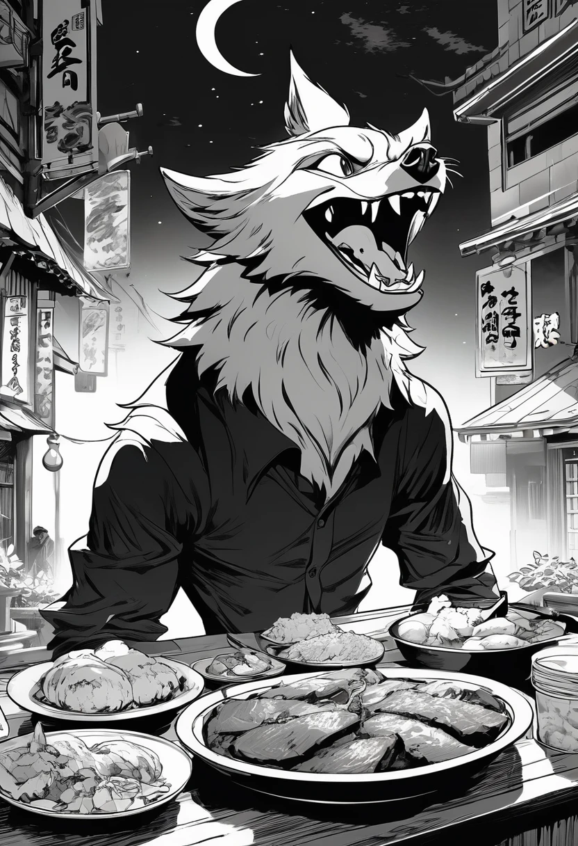 Black and white comics、Japanese Manga、Monochrome、 Conversation scene、Comical werewolf wearing a long sleeved black shirt、A delicious looking cartoon of meat appears before your eyes、Happy Face、smile、cute、