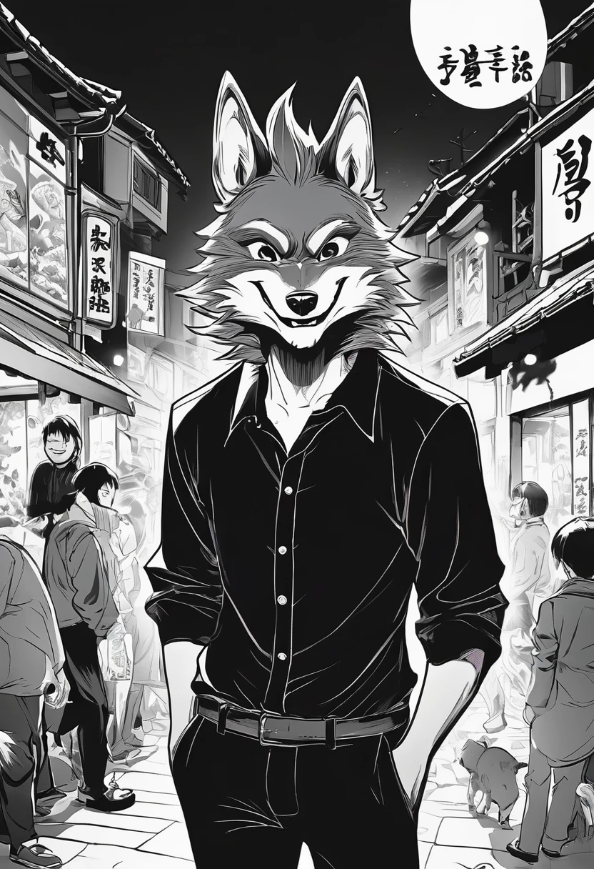 Black and white comics、Japanese Manga、Monochrome、 Conversation scene、Comical werewolf wearing a long sleeved black shirt、A delicious looking cartoon of meat appears before your eyes、Happy Face、smile、cute、