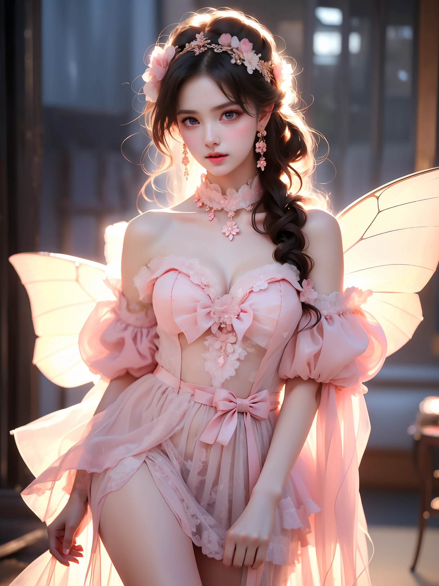 pink dress,pink sleeves, dress bow,layered dress,choker,butterfly wings,hair flower dark style realistic beauty,Full body shot of young woman, Slim figure, Full breasts, Sitting elegantly,Cross your legs naturally,Proportional coordination, (Focus on natural body posture and correct anatomy:1.3), (Perfect leg proportions:1.3),(True and accurate leg shape:1.2), High heel,Exquisite facial features,Bright and beautiful eyes,Long and thick eyelashes,High nose bridge,Full, rosy lips,Fair and smooth skin,Soft long hair shawl,Smoky Eyes,Understated and gorgeous jewellery,Low-Key Ambience,Side lighting,Strong contrast between light and dark,4k ultra high definition,Professional soundstage,Cinematic