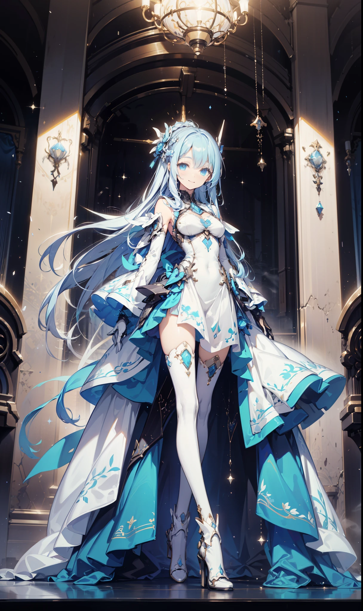 Sentinel of Heaven，Elegant and charming，charm，in love，(Fantasy world transparent white dress)，black gloves，silver hair，Smile，blue eyes，Intricately designed clothes，armor，Exotic decoration，Exquisite hair accessories，Transparent lace，Sky blue pattern，light stripes，dress nicely，indoor，night，Carved suspender boots，Super super details，holy mist，Wearing mecha，light particles，Exquisite and beautiful eyes and face，Armor