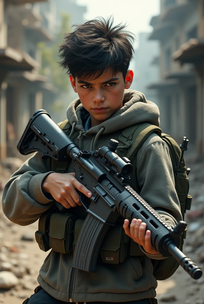 Indonesian with a gun sniper pose dynamic low view camera, tank, helikopter, masterpiece