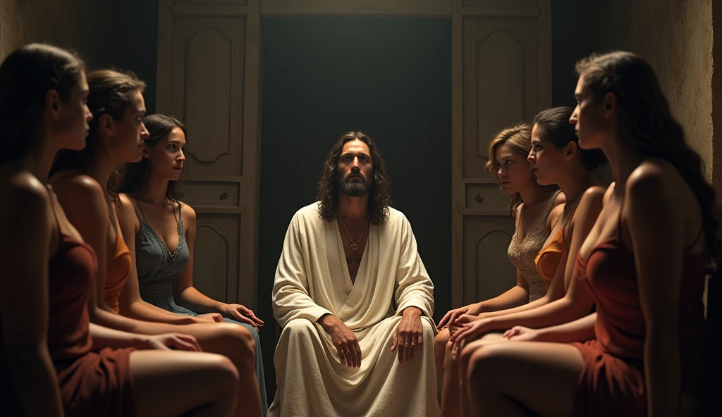 Jesus Christ in the year 2024 surrounded by prostitutes 