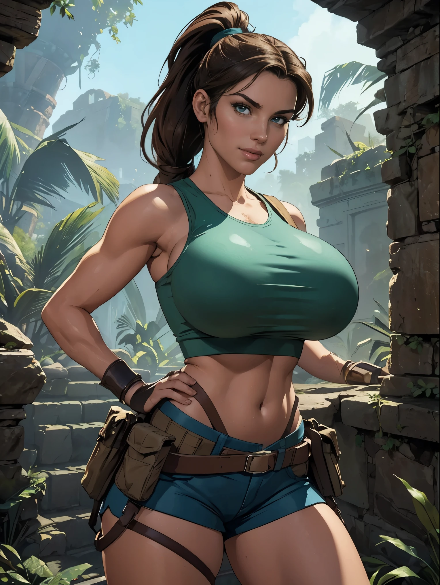 (masterpiece, best quality;1.3), extremely detailed picture, ultra detailed, 2 lara croft, valley of the wind in the background, hayao miyazaki,1girl, solo,  comics, bust shot,, looking at viewer,