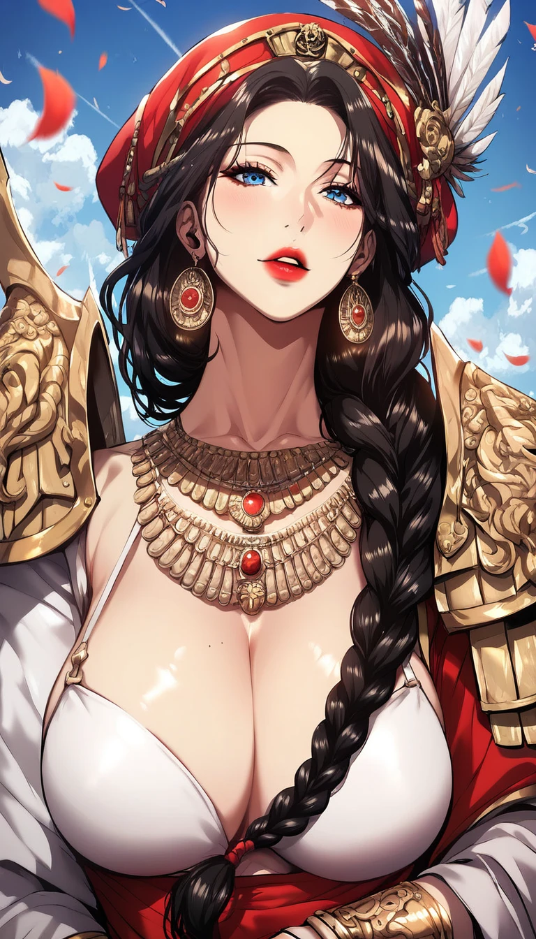 Hot beautiful sexy milf ancient holy Knight, ancient  armour, ancient shoulder armour, breasts plates , red lipstick, long feather Earrings, medium saggy breasts , brown hair ,hair braid,bracelet ,detailed, blue eyes, curvy body  ,manhwa style,body moving motion ,detailed eyes,manhwa page,manhwa art style , jewellery,big sword , tattoos ,white skin