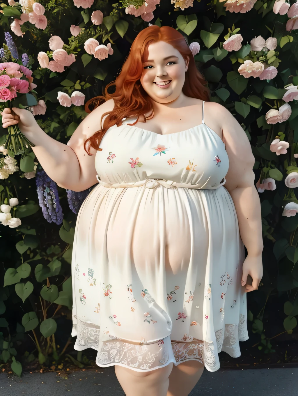 A happy photo of a young beautiful redhead girl bbw with Huge Breasts with long curly ginger hair soft fat belly, wide fat obese hips, thick fat legs and fat arms, cute pretty face, blue eyes, freckles, in a loose long flowery summer dress, holding Beautiful flowers