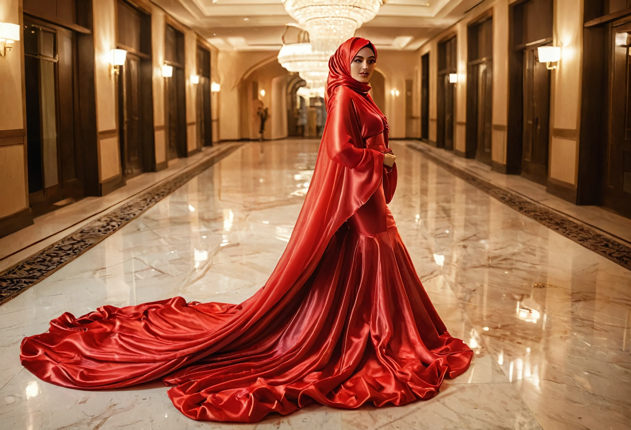 woman shrouded in a 10-meter-long, plush red semi transparent satin shimmer cloth, tightly bound and grandly draping along the form of her body, flowing off into a pooled floor-length train, styled in a mermaid-inspired outfit, her head modestly veiled in a satin hijab,walk in hotel loby, a full-body pose conveying a sense of mysterious elegance, captured in a 4k resolution, ultra-realistic, (best quality,4k,8k,highres,masterpiece:1.2),ultra-detailed,(realistic,photorealistic,photo-realistic:1.37),HDR,UHD,studio lighting,ultra-fine painting,sharp focus,physically-based rendering,extreme detail description,professional,vivid colors,bokeh,portraits,fantasy,cinematic lighting
