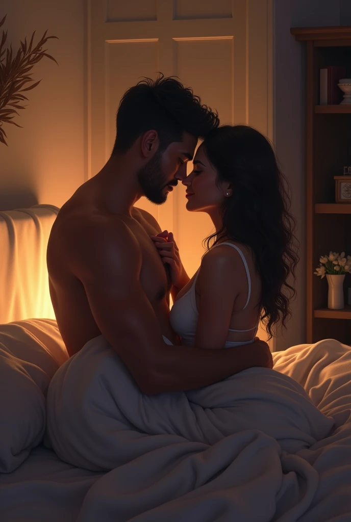 Bangladeshi tall brown 22 year old guy with small eyes and abs , in naked body recreating romantic scene of fifty shades of grey with 18 year old brown asian ,who is tall but thin and flat
in a dark room , intimate in bed