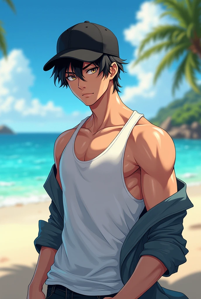 reyspar, solo, 1boy, black hair, male focus, facial hair, goatee, sunglasses, smile, grin, necklace, beach, shirtless male, briefs, sunset <lora:reyspar5:1>