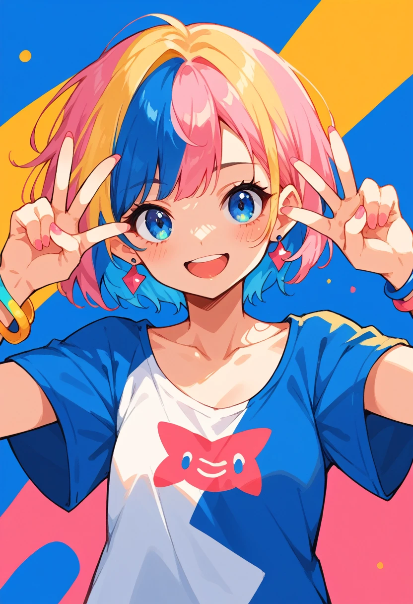 neondskdrmsxl, score_9_up, score_8_up, score_7_up, score_6_up, 1girl, solo, multicolored hair, jewelry, blue eyes, shirt, earrings, looking at viewer, blue hair, smile, pink hair, short hair, colorful, upper body, open mouth, blonde hair, bangs, v, short sleeves, bracelet, arms up, double v, multicolored clothes, pink nails, collarbone, blush