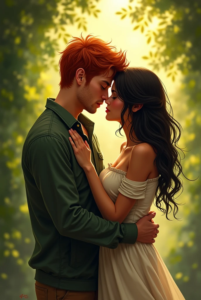 (Photorealism:1.2), Woman with indigenous traits, long black hair, body like Paolla Oliveira, 1,60 tall, with a flowing white country dress, standing under a tree passionately kissing a red-haired man on the mouth, 1,80 tall, beautiful and elegant body, appealing, hair like Jannik Sinner&#39;s, dressed in country clothes.