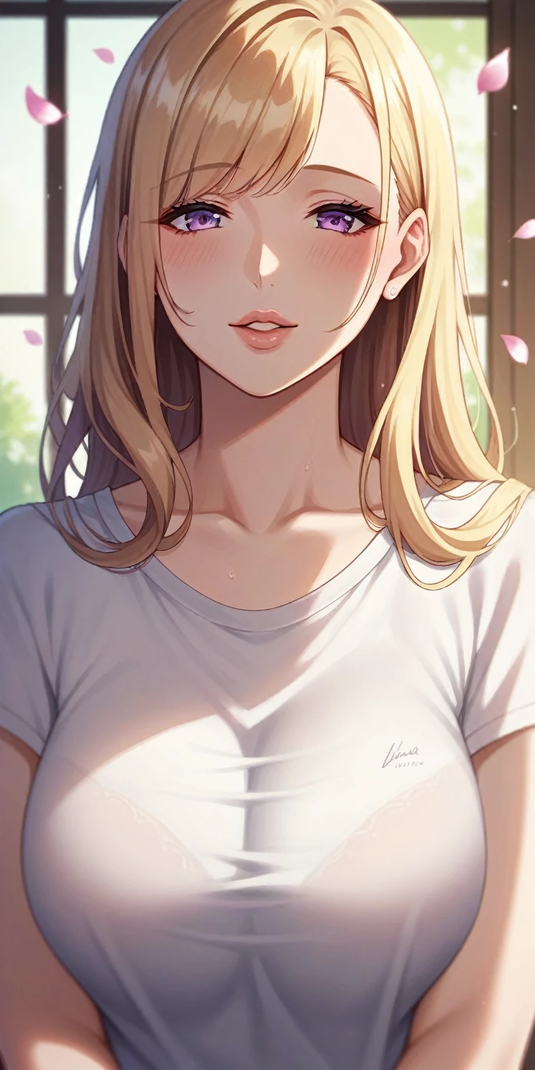 Adult, female, mature, Ino Yamanaka, blonder hair bangs cover the eyes, solo,mature female, tight t-shirt vneck, legging, short, falling petals, perfect composition, detailed lips, beautiful face, body propotion, blush, pink lips, long hair, purple eyes, soft gaze, shy expression with passionate smile, leaning (Masterpiece, Anatomically Correct, Accurate, Best Quality, Detail, High Details, Quality, Super Detailed, High Quality, Skin Detail, Amazing Skin Detail), (SuperQuality:1.0) ~ (SuperQuality:1.2)