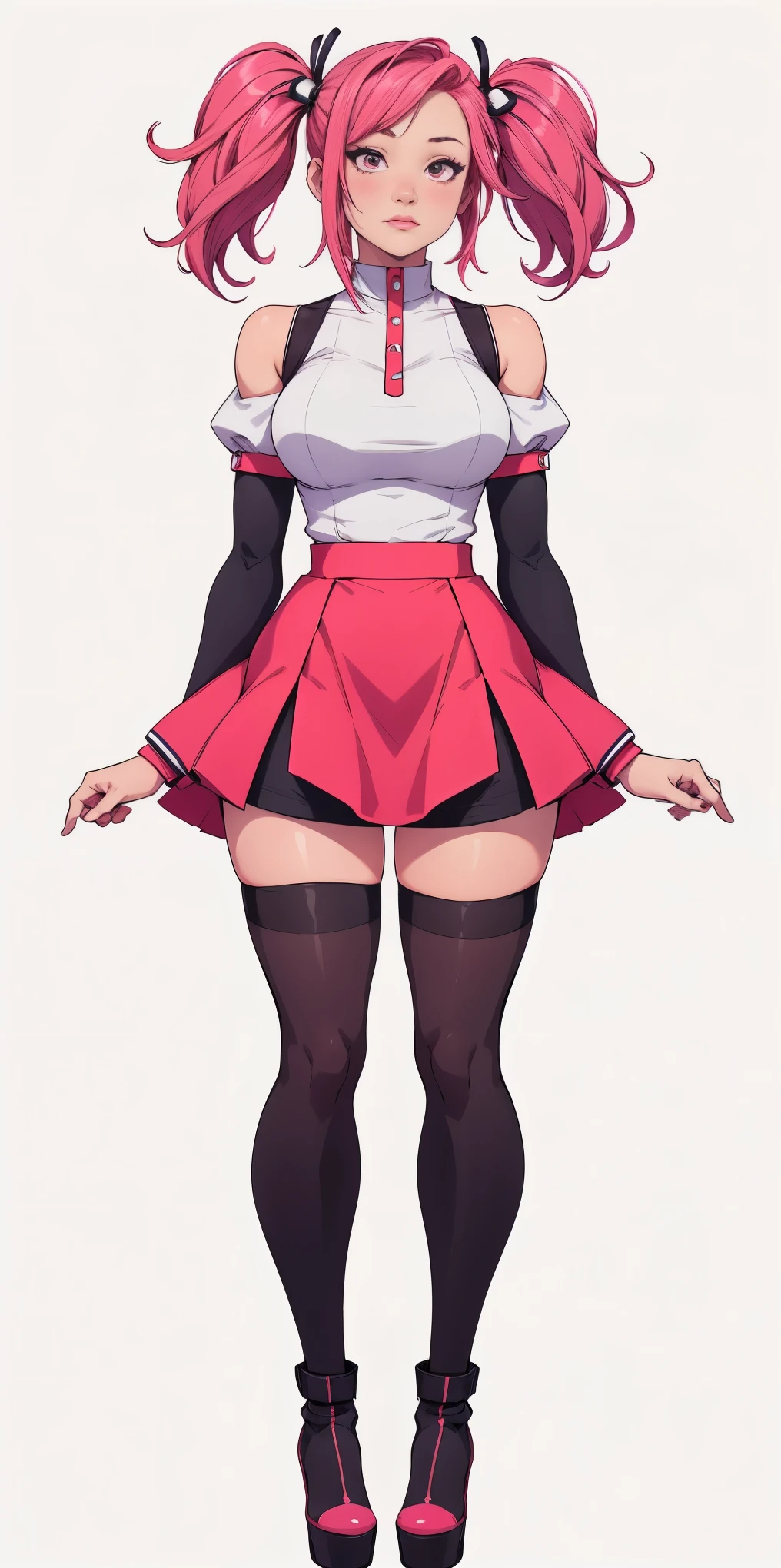 Girl in a short skirt in knee-length stockings, red-pink hair,Twin Tail, full height, white background