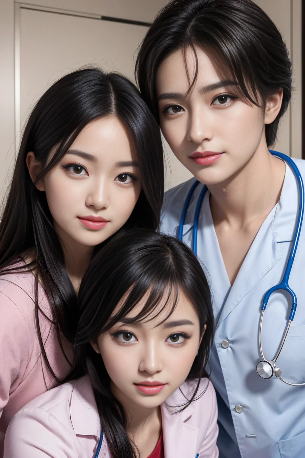 Realistic beautiful doctor、Stunningly beautiful、Doctor's white coat, Collared shirt、(Top quality、8K、32K、masterpiece、North African Trade Zone:1.3)、Ultra-high resolution,(Reality:1.4),Original Photography, Detailed face,,Beautiful hair, ((Doctor style)),,((Leg length)), (Thigh gap:1.5), , Black tight skirt、 Natural Makeup,, Big plump breasts、In the hospital, Detailed background, Perfect lighting, Depth of Field, Beautiful shadow gradient,Stethoscope ,