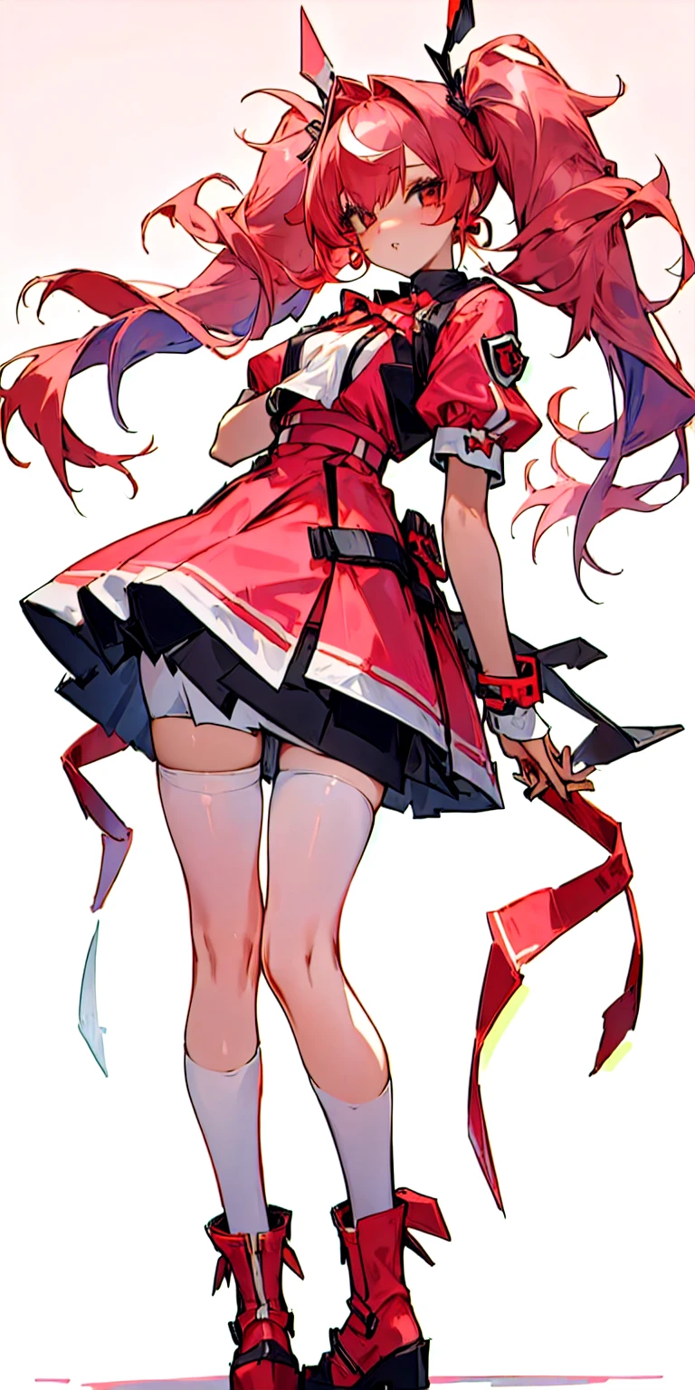 full body anime girl joker inspired by Harley Quinn with a amazing dress design with pink eyes and red hairs