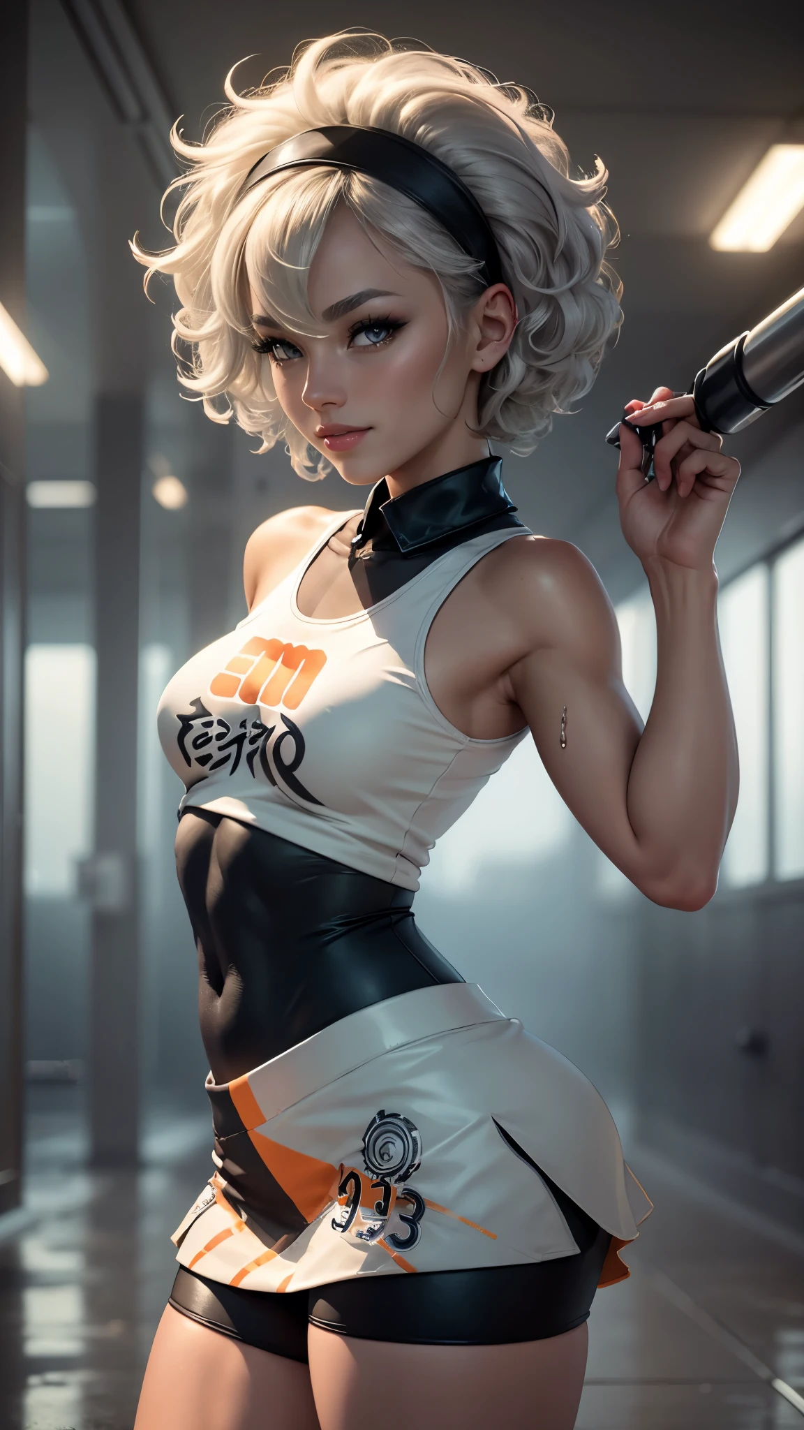 Bea da pokemon,(best qualityer,4K,8k,high resolution,work of art:1.2)(weather: windy), 1girl, solo girl, zen garden background, training field, short curly hair, gray hair, cropped t-shirt, tight mini skirt, thigh high socks, headband, gloves, leotard, ultra detailed,realistic,beautiful detailed gray eyes, beautiful detailed lips,extremely detailed eye and face, long eyelashes,average,medium breasts,beaming smile, sexy smile,powerful girl, bright coloured, dramatic lighting, exercising, wet body,