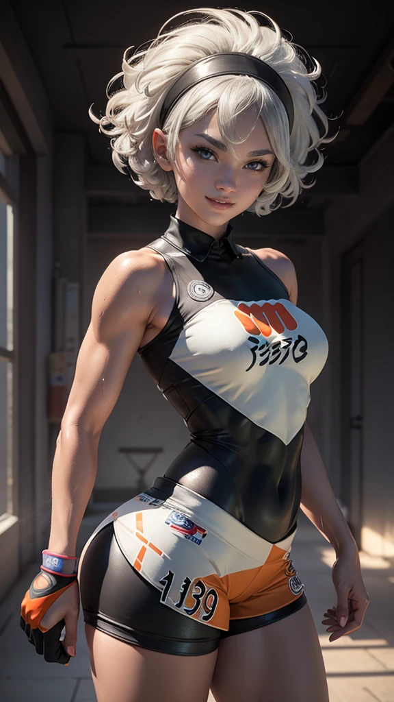 Bea da pokemon,(best qualityer,4K,8k,high resolution,work of art:1.2)(weather: windy), 1girl, solo girl, zen garden background, training track, short curly hair, gray hair, cropped shirt, tight micro shorts, headband, gloves, leotard, ultra detailed,realistic,beautiful detailed gray eyes, beautiful detailed lips,extremely detailed eye and face, long eyelashes,average,medium breasts,beaming smile, sexy smile,powerful girl, bright coloured, dramatic lighting, running, wet body,