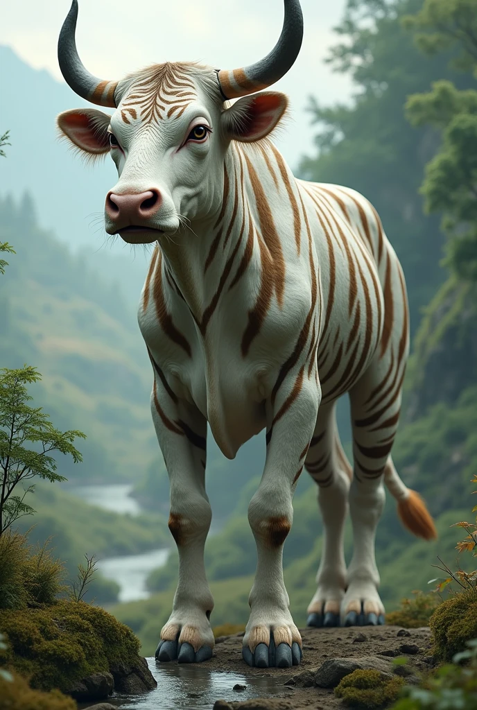 Make a human cow hybrid woman with vitiligo and hooves