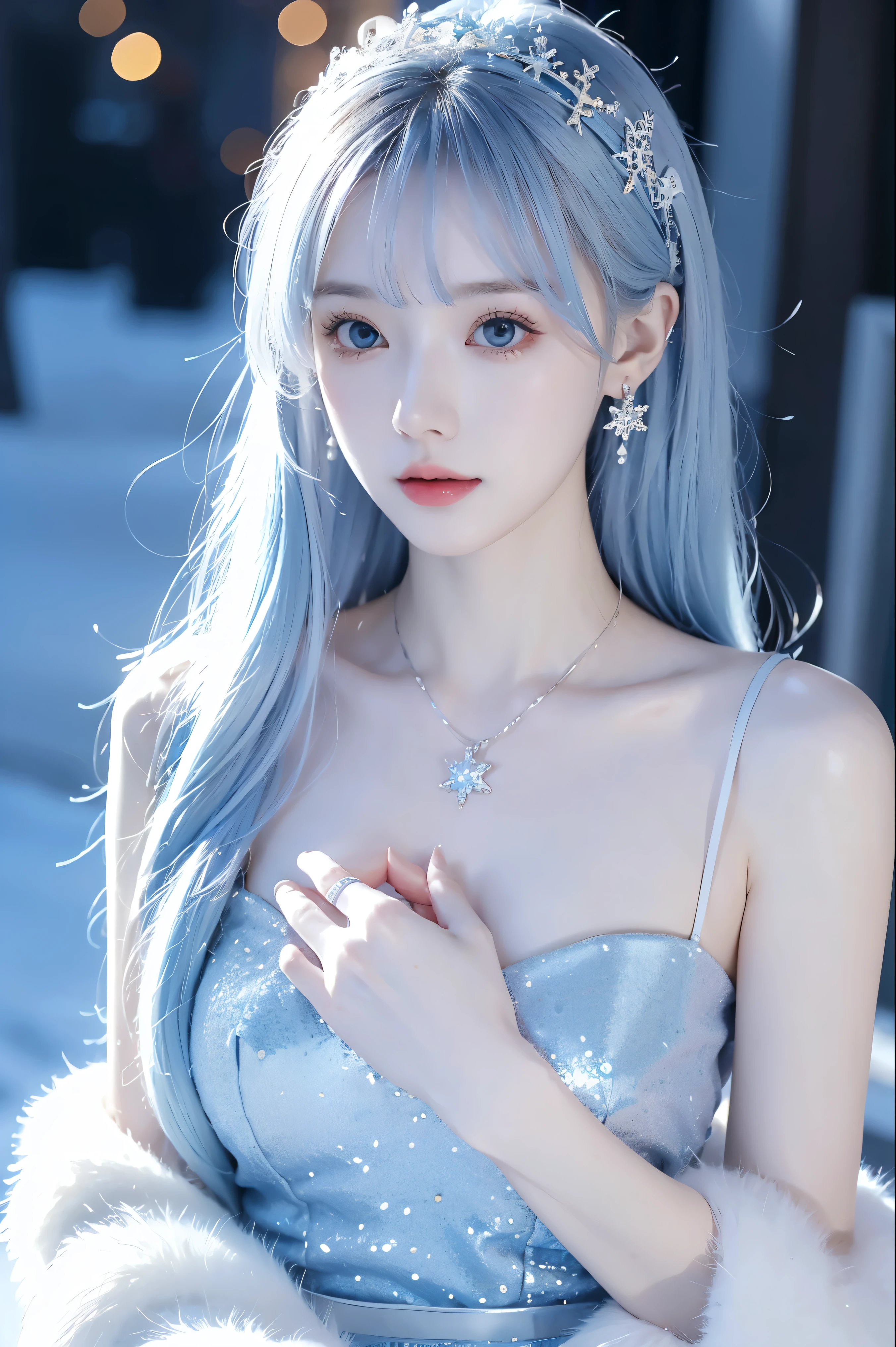 winter, 1 girl, Pale skin, Snowflake themed clothing, Ice cap, Neutral expression, Ice Crystal, elegant, Snowflake, 1 girl, Japanese Idol, Exposing shoulders, Light blue hair, very long hair青い目, Hair Accessories, Blue Ribbon, Blue Earrings
