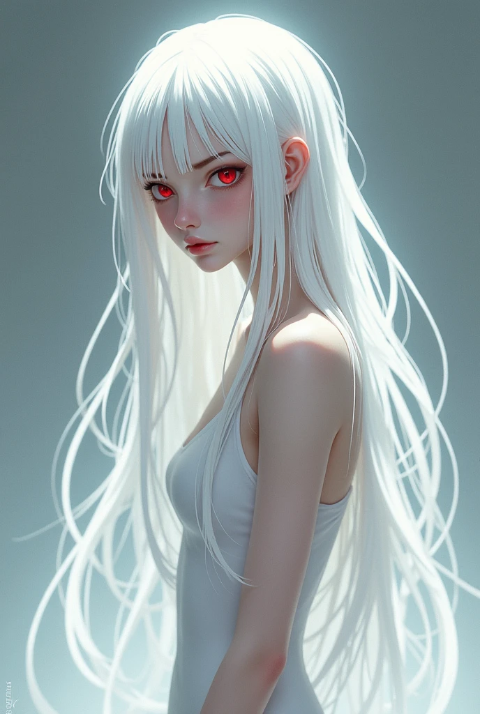 a girl with a pink complexion, beautiful detailed red eyes, deep as the night sky, half sad expression, white hair, looking at viewer, anime, semi-realistic, highres, best quality, 8k, masterpiece, ultra-detailed, photorealistic, vivid colors, dramatic lighting, all prompt in background