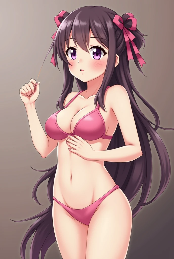 best quality, expressive eyes, perfect face, black hair, long twintails, straight bangs, pink eyes, smirking expression, pink bikini, black thigh highs, pink lips, black panties, big breasts, adult, evil, any pose, sexy pose, low angle