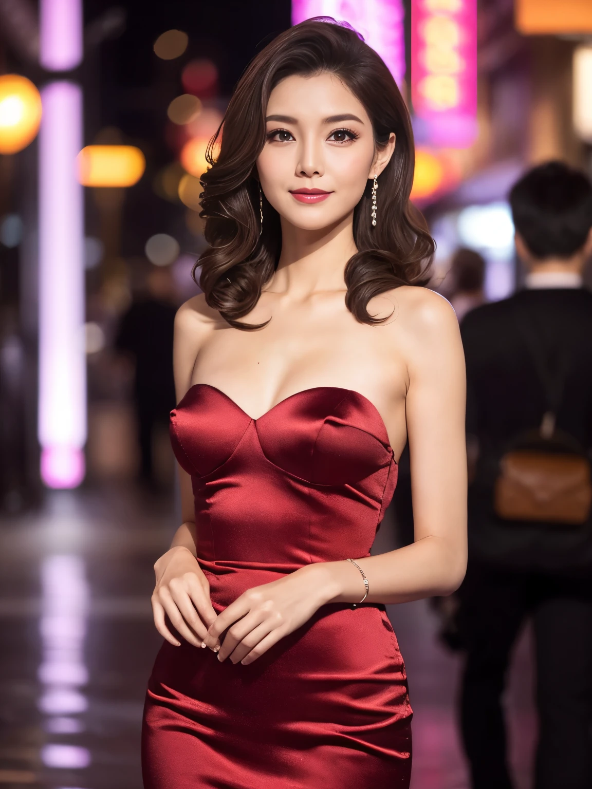 highest quality, 8k resolution, masterpiece, Professional photography, A 40-year-old beauty with an idol-like face, Walk through the downtown area at night, (Elegant and stylish crimson top), Close-up of face, ((Look forward)), (((View your viewers))), smile, Wrinkles around the eyes, Standing Elegantly, Plump and soft body, Elegant and beautiful very long wavy hair, Shapely breasts, Perfect Makeup, Beautiful lipstick, Elegant eyeshadow, Long eyelashes, Ultra-high resolution glossy skin